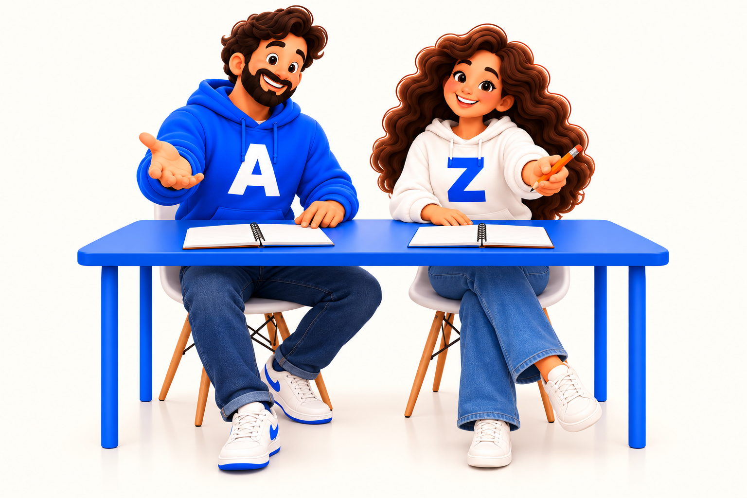 A, de moletom azul, e Z, de moletom branco: os mascotes da Resolve AZ prontos para ouvir você.