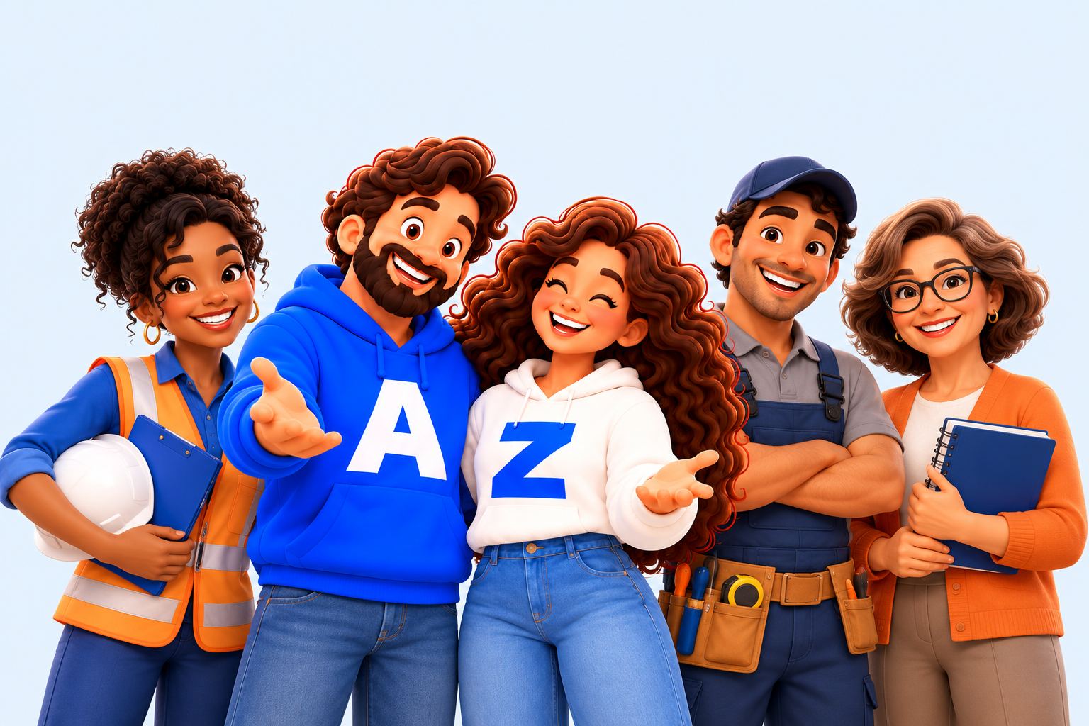 Personagens da Resolve AZ junto a profissionais de diferentes áreas